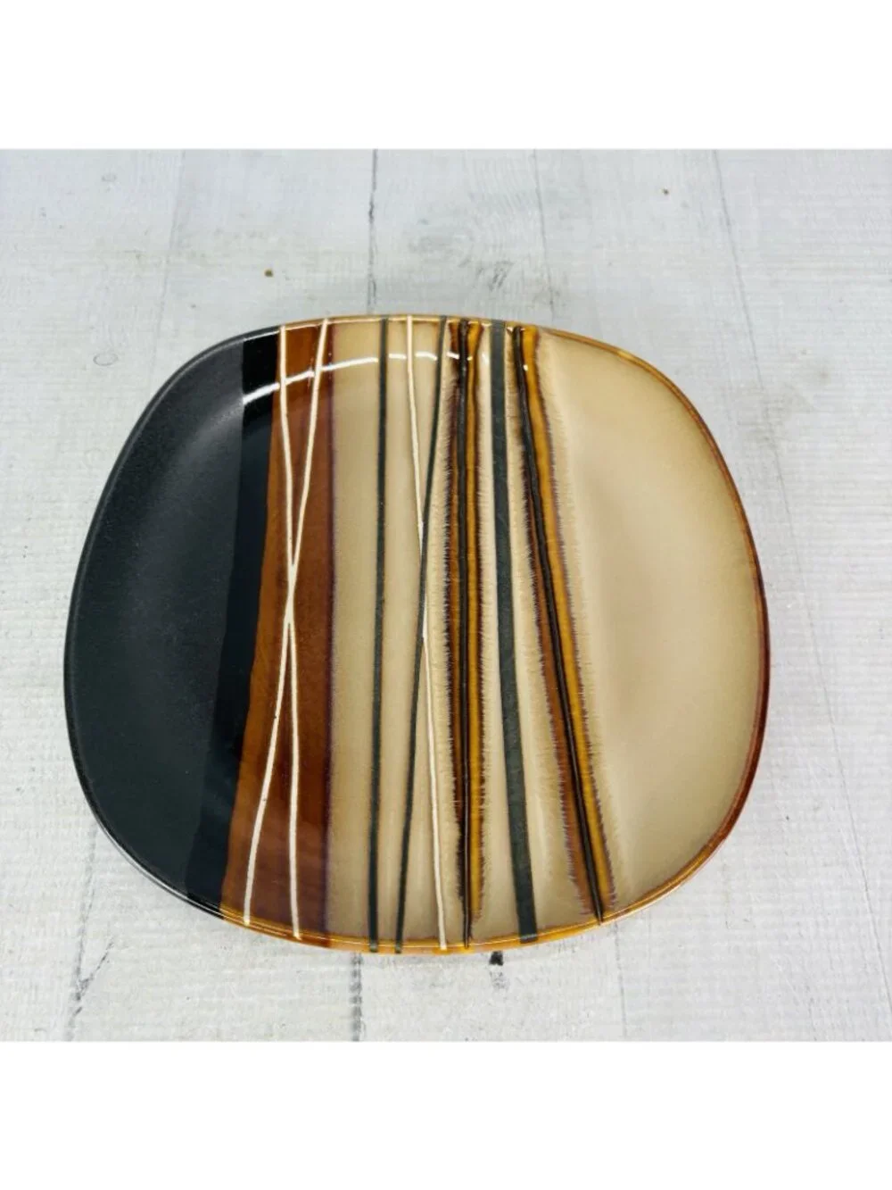 Home Trends BAZAAR BROWN Stoneware Square Emboss Stripe Lunch Salad Plate Set 4